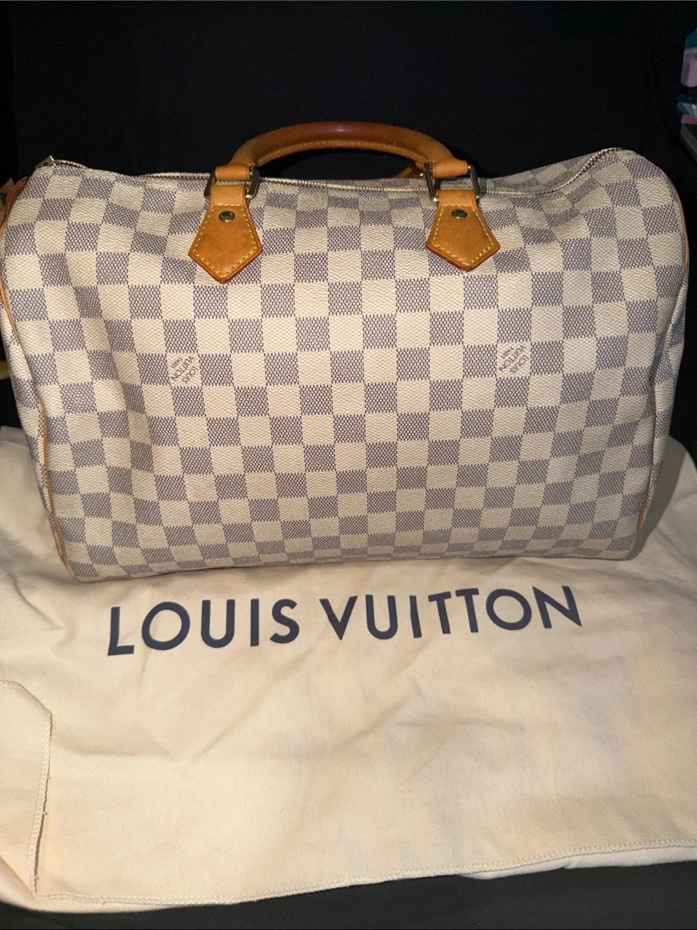 Louis Vuitton Damier Azur Speedy Handbag - Light Blue & White with Vachetta